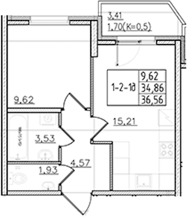 1-комнатная квартира 36.56 м², 2/19 эт., ЖК «Мурино Клаб»